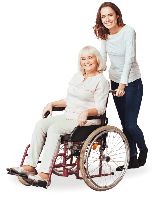 elderly on wheel chair and caregiver smiling